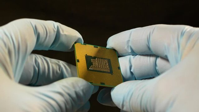 CPU in the hands of an engineer. The engineer checks the microprocessor for defects. Close-up, selective focus.