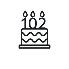 Birthday cake line icon with candle number 102 (one hundred and two). Vector.