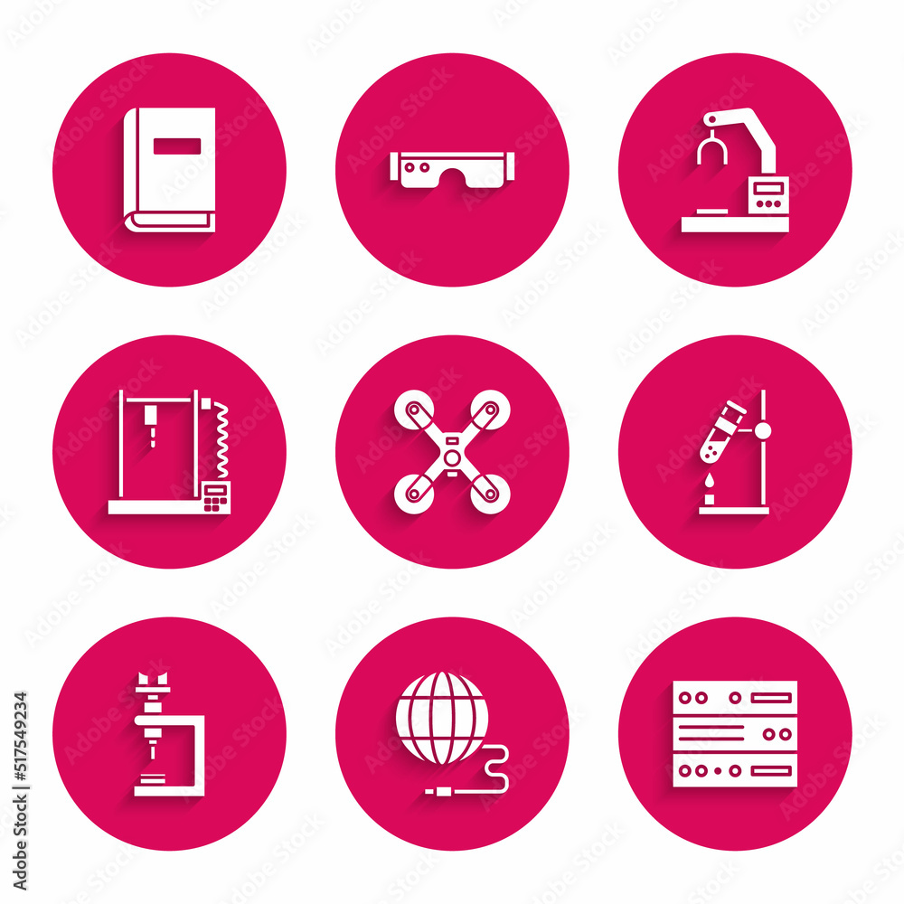 Poster set drone flying, social network, server, data, web hosting, test tube flask fire, microscope, 3d pr
