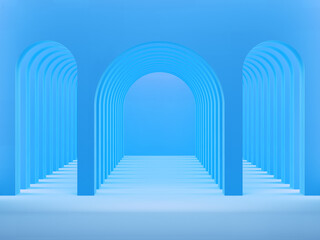 Futuristic interior with arch in blue color tone. 3d illustration