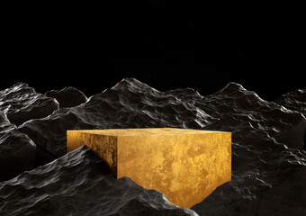Gold stone podium for display product. Fantastic minimalistic landscape. 
