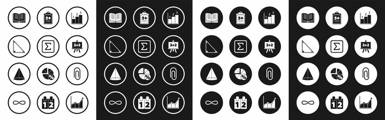 Set Graph, schedule, chart, diagram, Sigma symbol, Triangle math, Open book, Chalkboard, Test or exam sheet, Paper clip and Geometric figure Cone icon. Vector