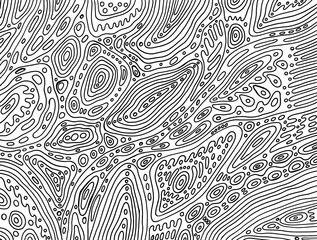 Ornate tribal ornament with waves and lines. Zendoodle black and white fantastic coloring page for adults. Abstract intricate pattern. Psychedelic art. Vector artwork
