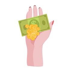 Hands with money Counting, giving, giving, receiving, squeezing and showing money. Payment for goods. Charity. Banking operations with cash. Vector illustration.