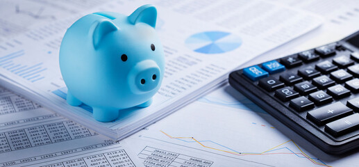 Moneybox for money on the background of documents and financial charts. Investment and capital accumulation concept.
