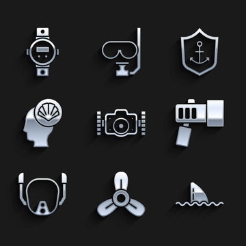 Set Photo camera, Boat propeller, turbine, Shark fin ocean wave, Flashlight, Diving mask, Scallop sea shell, Anchor inside shield and watch icon. Vector