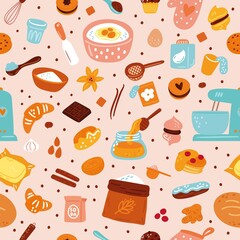 Bakery seamless pattern. Sweet dessert. Pastries and cooking accessories. Repeated print with kitchen equipment and products for biscuits preparing. Cookies or cakes. Vector background