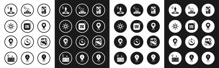 Set City map navigation, Infographic of city, Wind rose, Location and monument, Medical location with cross, fountain, and Search icon. Vector