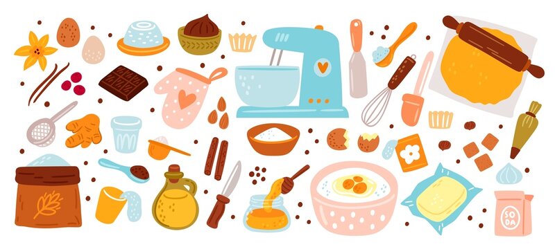 Baking ingredients. Cartoon kitchen utensils. Semi finished products. Cooking process. Eggs with sugar in bowl. Flour and soda. Cake recipe. Dough mixer. Garish vector culinary set
