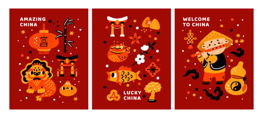 Cartoon China cards. Chinese travel banners. Culture and tradition elements. Lucky symbols. Invitational posters. Prosperity talismans. Tourism attractions. Garish vector postcards set © VectorBum
