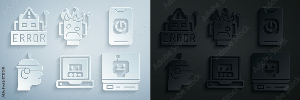 Aufkleber set creating robot, turn off from phone, smart glasses, robot, burned out and error icon. vector