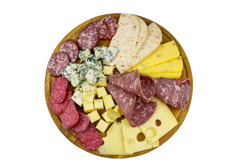 Antipasti platter with assortment of italian salami and cheese isolated on white background. Top view