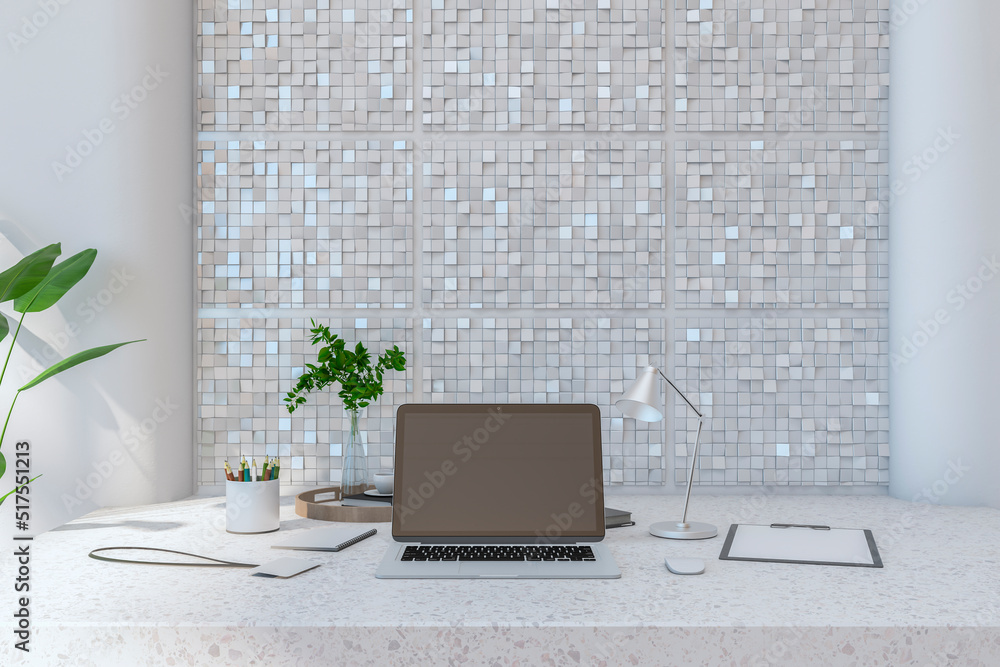 Poster close up of creative designer desktop with empty laptop screen, coffee cup, lamp, supplies various o