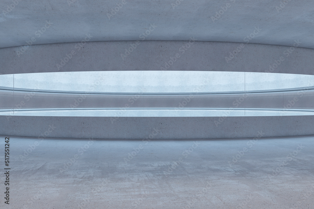 Poster creative futuristic light white round cylindrical interior with structure curve. 3d rendering.