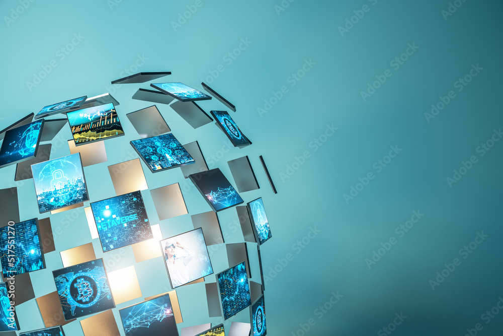 Poster Abstract digital image gallery sphere with bitcoin and metaverse concepts on blue backdrop with mock up place for your advertisement. Cryptocurrency and future concept. 3D Rendering.