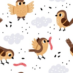 Cute sparrows seamless pattern. Cartoon print with brown birds. Flying animals pecking seeds and caterpillars. City fauna. Urban inhabitants. Avian flock and clouds. Vector background