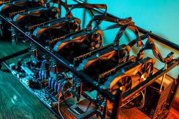 Close up view of computer graphics in cryptocurrency mining rig