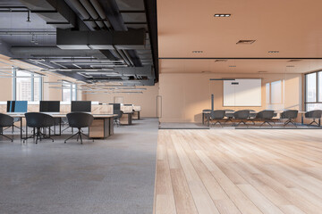 Light concrete, glass and wooden conference room interior with windows and city view. Law and legal, corporate workplace concept. 3D Rendering.