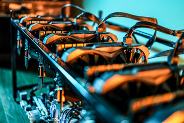 Close up view of computer graphics in cryptocurrency mining rig