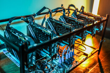 Close up view of computer graphics in cryptocurrency mining rig