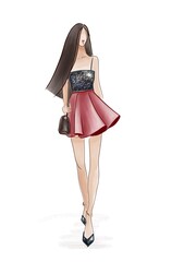 Fashion illustration. Digital art. Beautiful slim girl with long dark hair in a cocktail dress. A young girl with long legs in a shiny top and a fluffy short skirt.