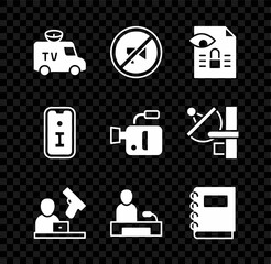 Set TV News car, Censored stamp, Journalistic investigation, Crime news, Television report, Notebook, Information and Cinema camera icon. Vector