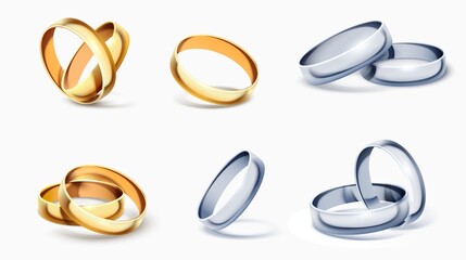 Realistic wedding rings. Romantic golden and silver elements. Precious jewely. Married couple accessories. Jewel circles. Engagement gift. Eternity symbol. Vector 3D metal objects set