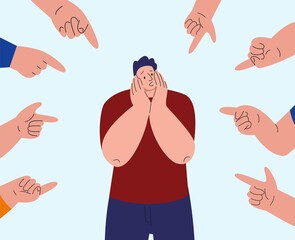 Confused frightened young man or teenager. People hating, point fingers at person. Bullying and terror, scared stress vector character