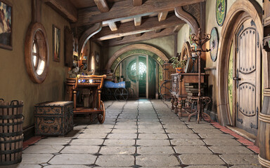 Fantasy tiny storybook style home interior cottage hallway background with rustic accents . 3d rendering
 - obrazy, fototapety, plakaty
