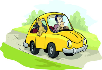 German, Belgian, shepherd  in the car. A trip on a family vacation, vector, illustration, 