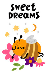 Sweet dreams poster with sleeping honey bee. Cute kid card