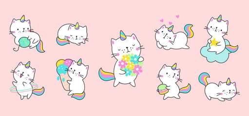 Cartoon kitty unicorn. Cats unicorns, animated cartoon funny characters. Cute love kawaii caticorns, fairy happy creatures nowaday vector set