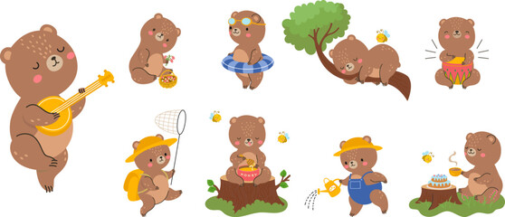 Cute cartoon bear. Emotions baby bears, teddy toy design various poses. Funny wild animal eating honey, sleep and read book, forest nowaday vector character