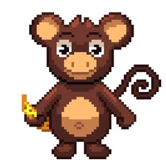 Obraz premium An 8-bit retro cartoon styled pixel art illustration of a cute brown monkey and a banana. 