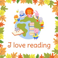 Reading time background. Books day poster with earth and cute animals reading. Back to school, preschool wild little students, nowaday vector poster