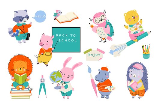 Cute animal back to school to study. Smart animals writing, reading book and drawing. Cartoon pig at blackboard, funny students nowaday vector characters