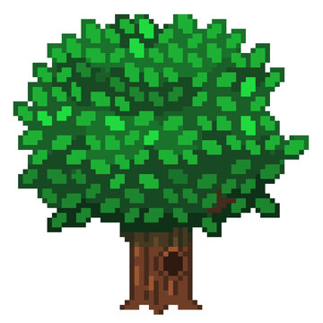 An 8-bit pixel-art retro-styled illustration of an oak tree with bright green leaves.