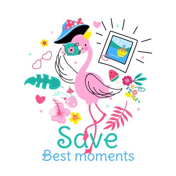 Save moments. Savings sweet memories with camera. Girl design print, beautiful summer sticker or poster. Fun fashion memory nowaday vector graphic
