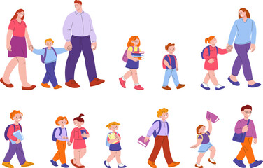 Fototapeta na wymiar Students go to school. Kid with backpack walking with parents to study, children and family with books. Learning and education kicky vector characters