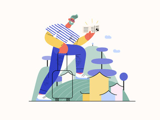 Travel shop -Online shopping and electronic commerce series -modern flat vector concept illustration of a travelling man with a case and ticket. Promotion, discounts, sale and online orders concept