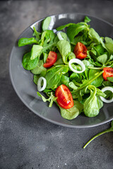 salad vegetable tomato, onion, lettuce mix, mache green fresh healthy meal food snack diet on the table copy space food background rustic top view 