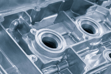 Open block cylinder petrol engine. Close-up, industrial metalworking concept