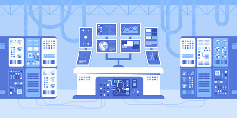 Control point and computer screens in server room. Flat color vector illustration. Data center equipment. Digital technology industry 2D simple cartoon objects in interior with machinery on background - 517553898