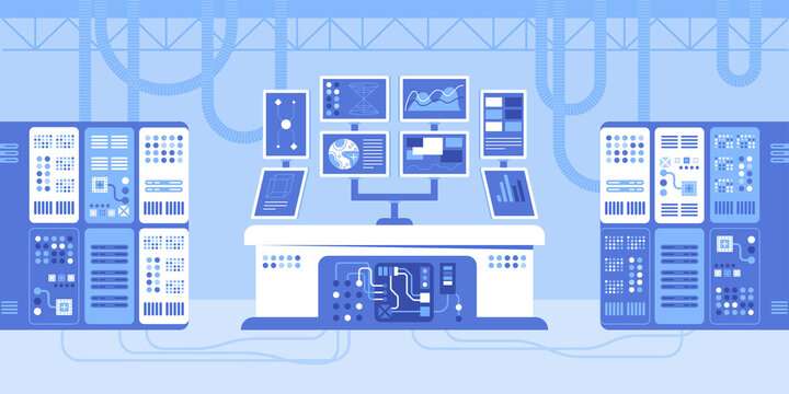 Control point and computer screens in server room. Flat color vector illustration. Data center equipment. Digital technology industry 2D simple cartoon objects in interior with machinery on background