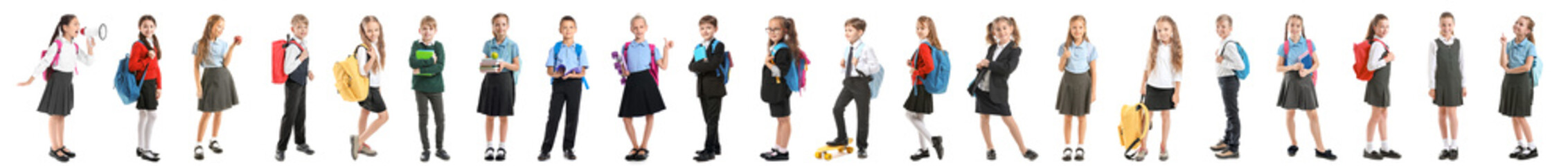 Set of funny little schoolchildren on white background