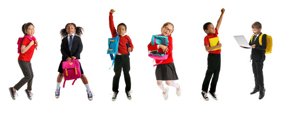 Set of funny jumping schoolchildren on white background