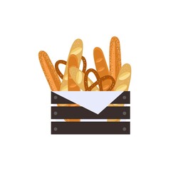 Wooden case with french baguette and pretzel. Flat vector illustration isolated on white background.