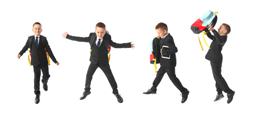 Set of jumping little schoolboy on white background