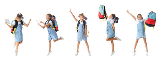 Set of jumping little schoolgirl on white background