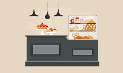 Counter in a bakery or pastry store. Confectionery interior. Variety of pastry, cupcake, cherry pie, strawberry pastry, pretzel, donut. Flat vector illustration isolated on white background